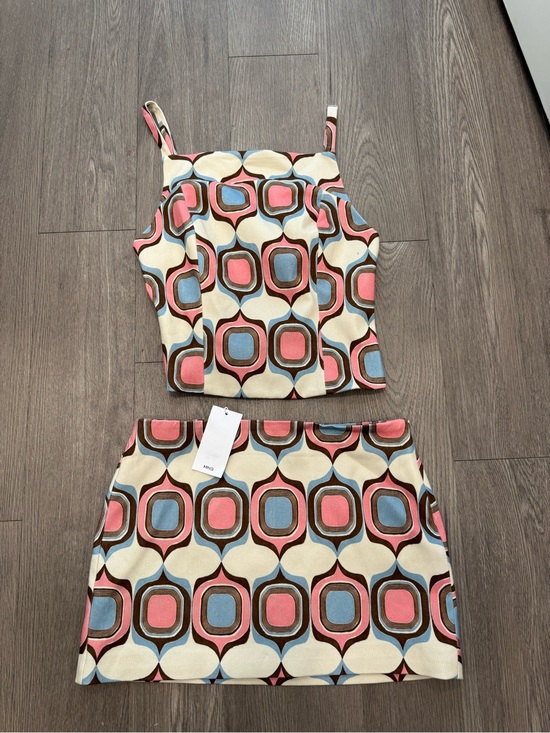 Mango Dresses & Skirts - Retro Geo Print Crop Top & Mini Skirt Set – Pink/Blue - Top S; skirt size 4